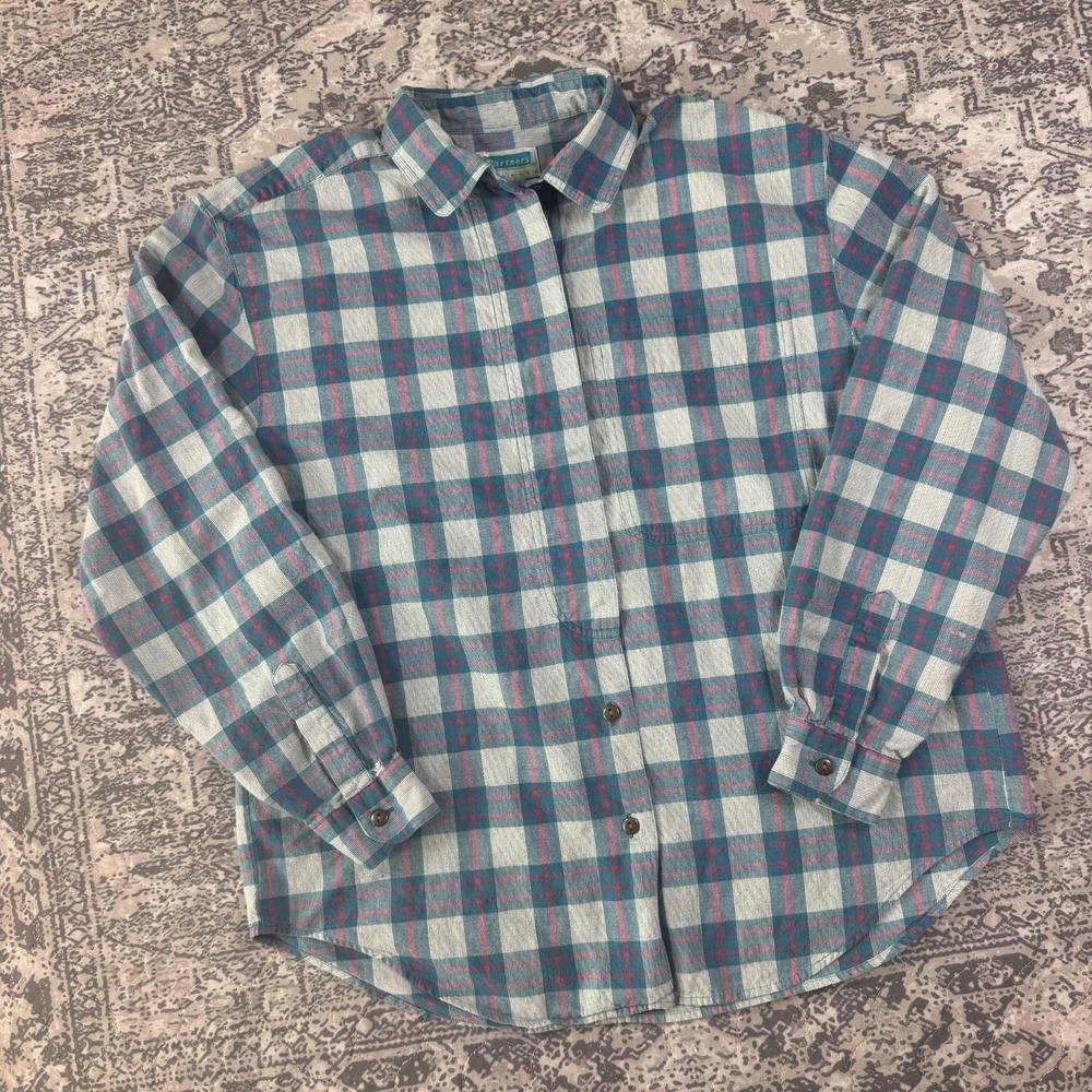 Partners Mervyns Blue Plaid Button Down Womens Medium Long Sleeve Shirt Vintage